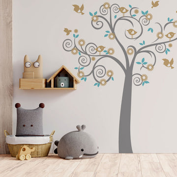 Birdy tree vinyl wall sticker - Grey and pink
