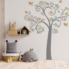 Birdy tree vinyl wall sticker - Grey and cinnamon