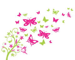 Butterfly tree and flowers vinyl wall stickers in pink and green