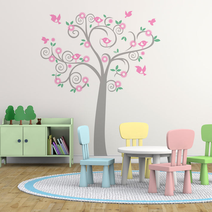 Birdy tree vinyl wall sticker - Grey and pink