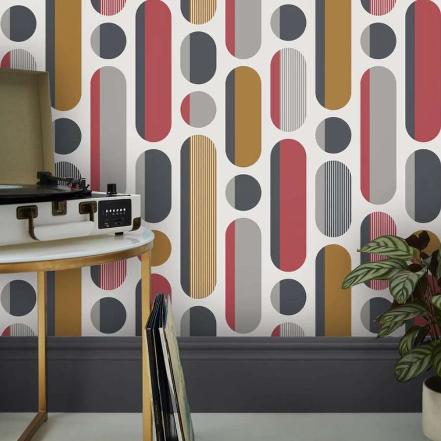 Morse Red & Grey & Mustard Wallpaper
