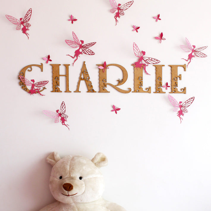 3D Wall art - Fairies in pink with wooden name